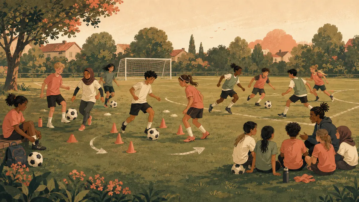 Vier zusammenhängende Trainingsphasen von der Aktivierung bis zur abschließenden Spielform auf einem Platz.
